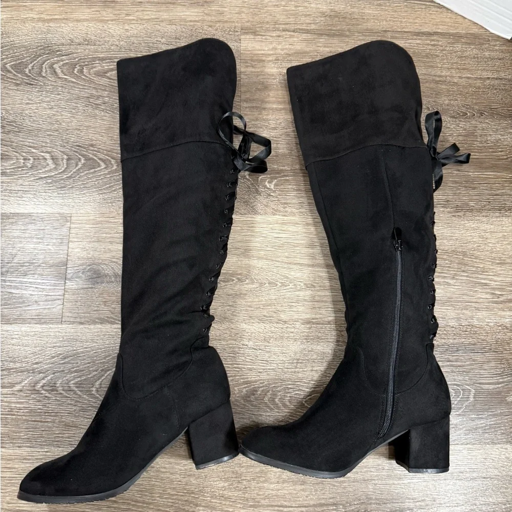 Dreampairs‎ Boots Women's 8 Black Faux Suede Knee-High Lace up Back Side Zip